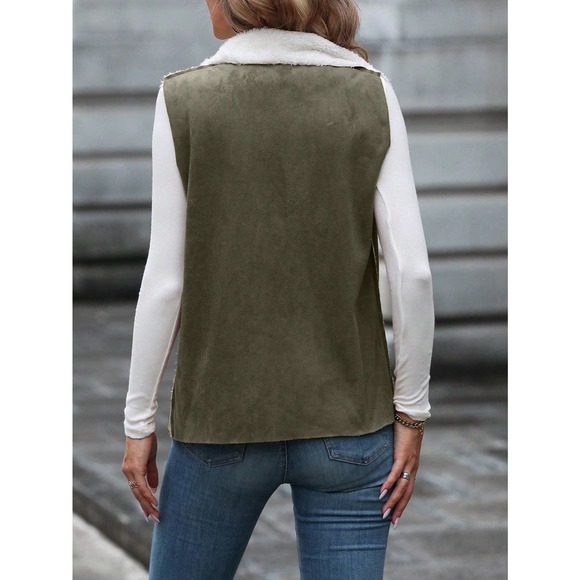 🌟 Teddy shearling Lined Open Front Vest vegan suede - Picture 6 of 8